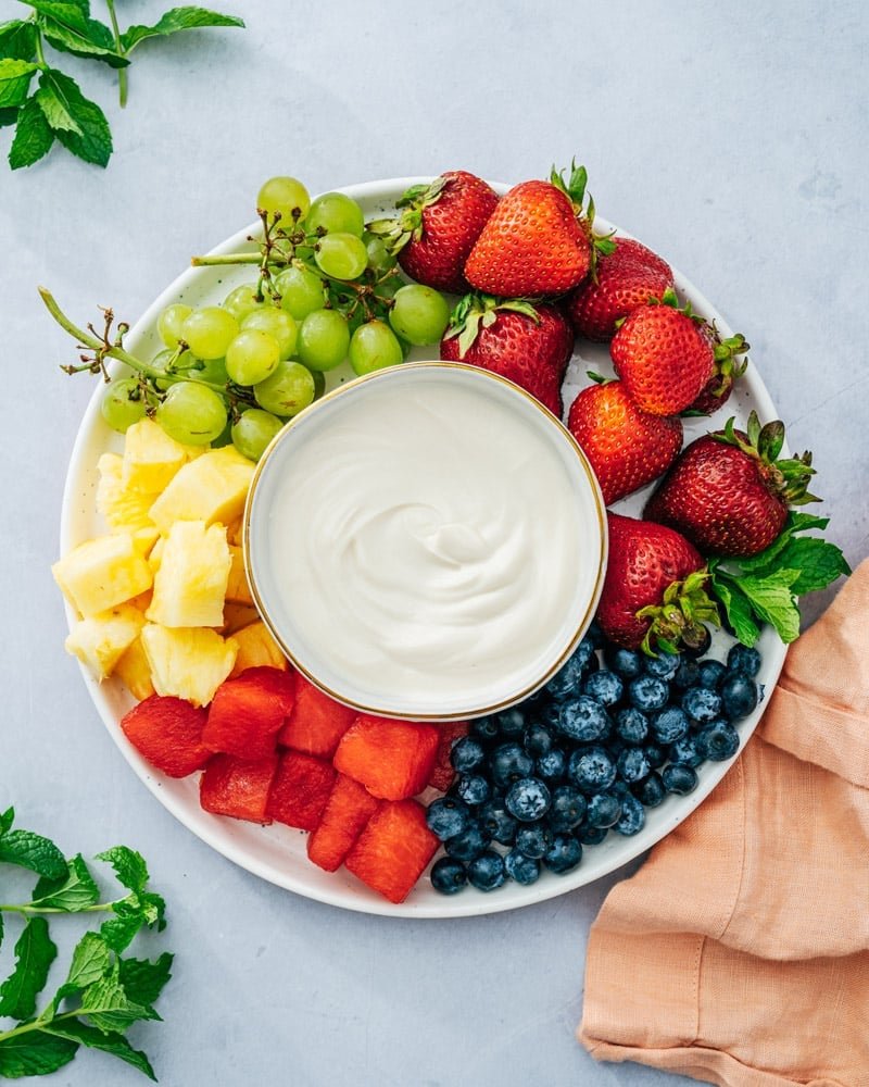 Fruit Dip with fruit on tray