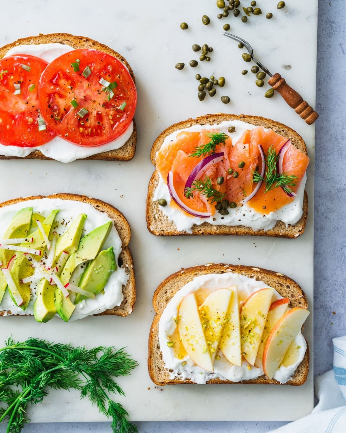 Mediterranean diet lunch ideas: ricotta toast with toppings